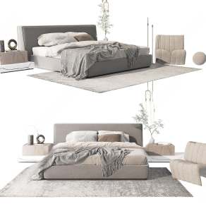 现代双人床3D模型下载